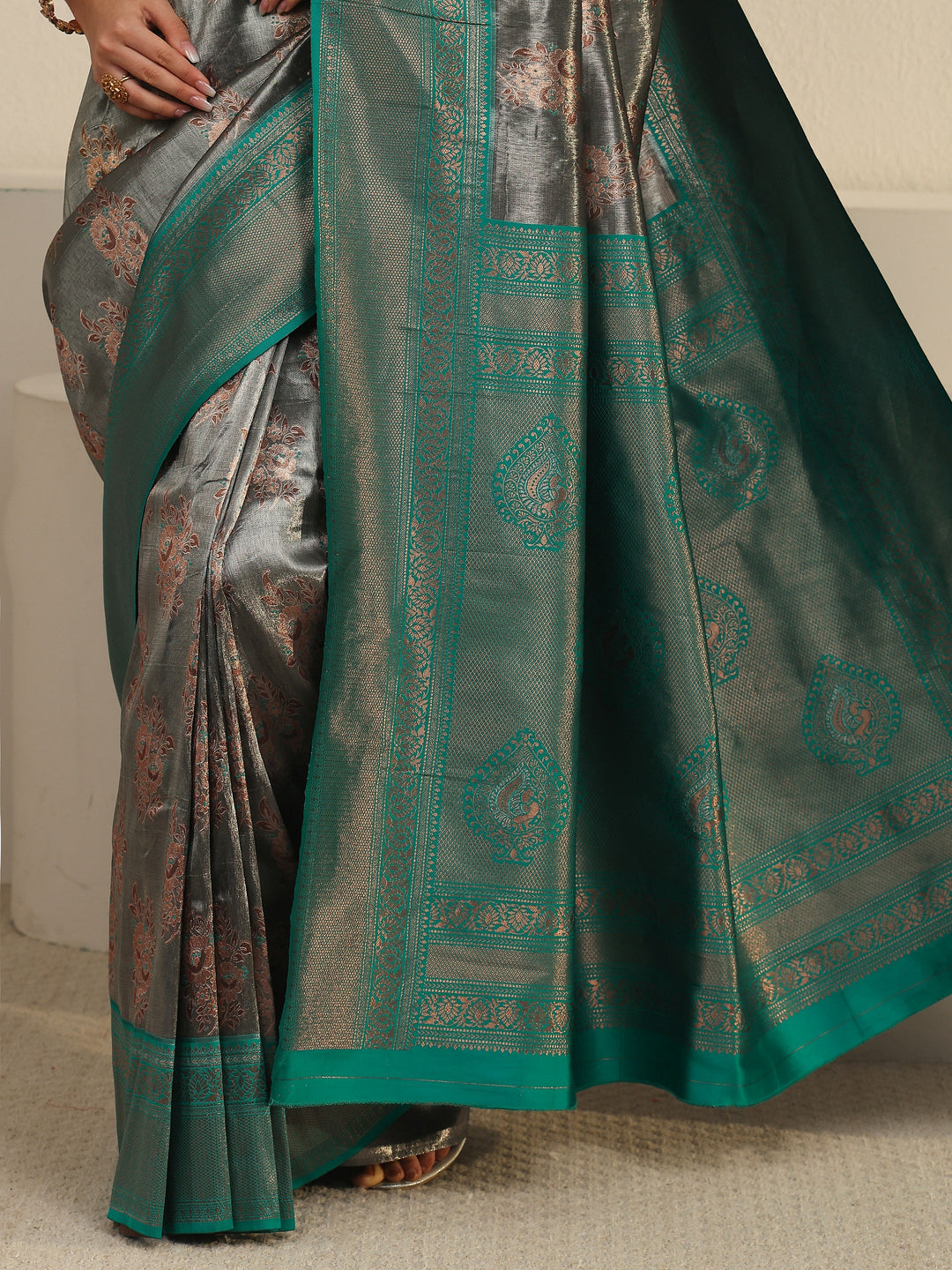  Libas Grey and Teal Green Floral Woven Design Silk Blend Saree 