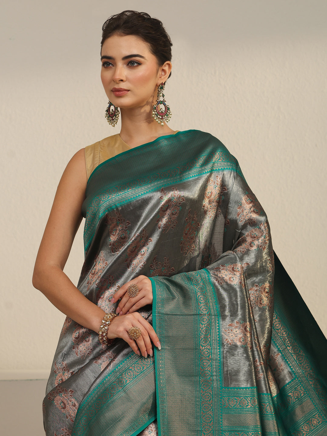  Libas Grey and Teal Green Floral Woven Design Silk Blend Saree 