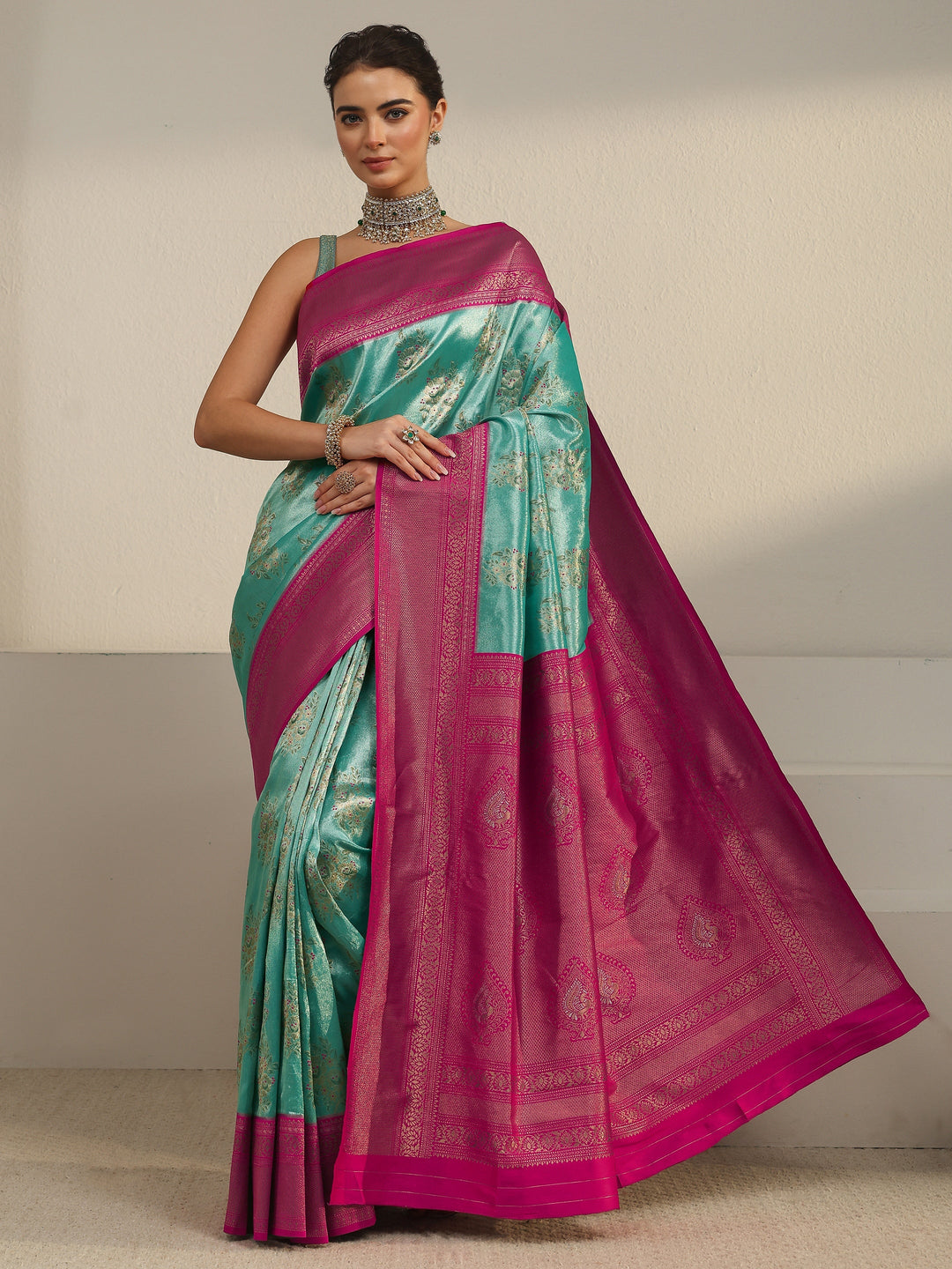 Libas Turquoise and Pink Floral Woven Design Silk Blend Saree 