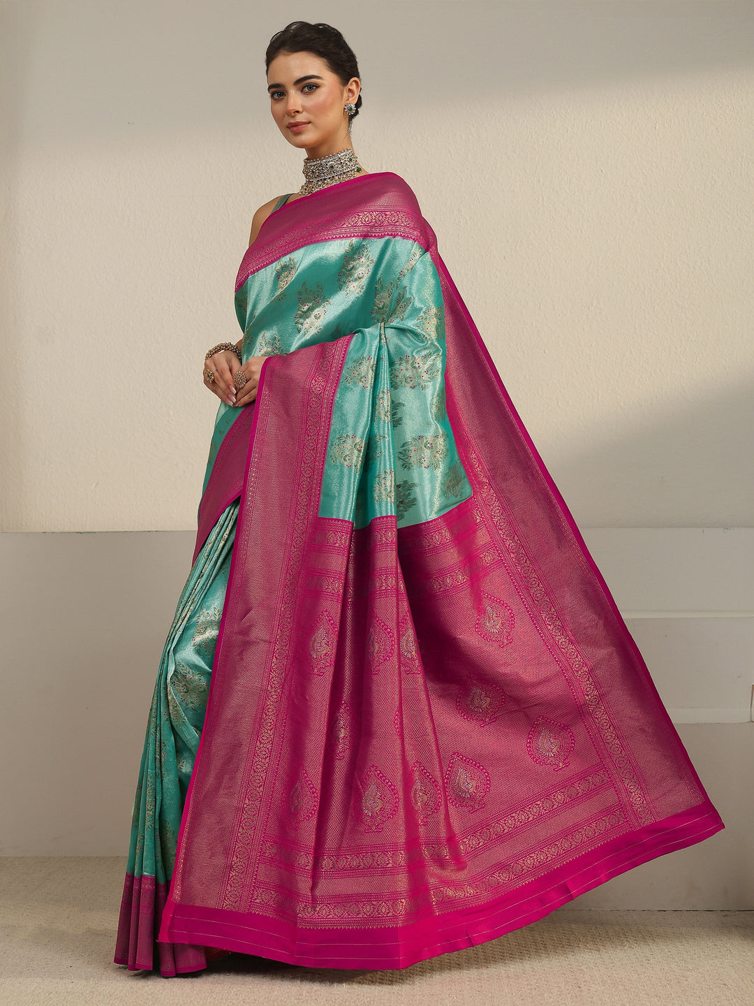  Libas Turquoise and Pink Floral Woven Design Silk Blend Saree 