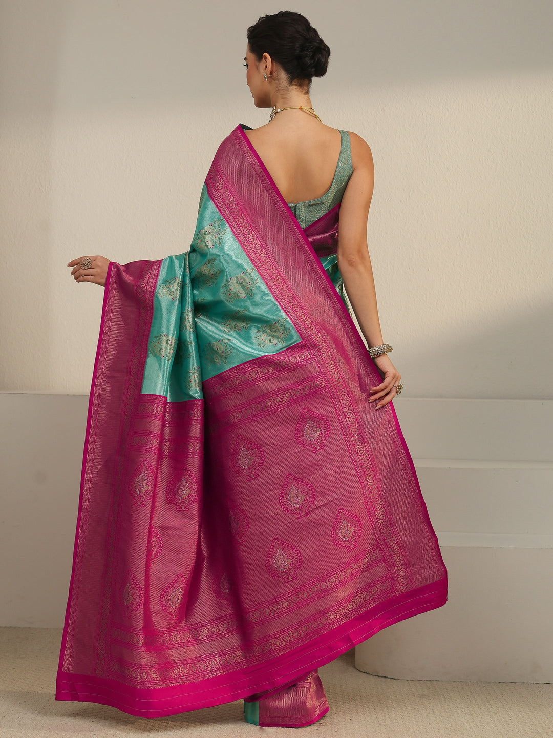  Libas Turquoise and Pink Floral Woven Design Silk Blend Saree 