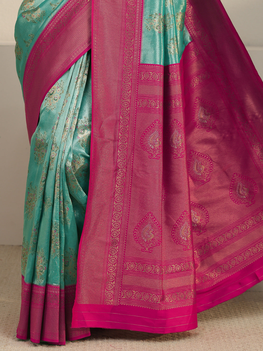  Libas Turquoise and Pink Floral Woven Design Silk Blend Saree 