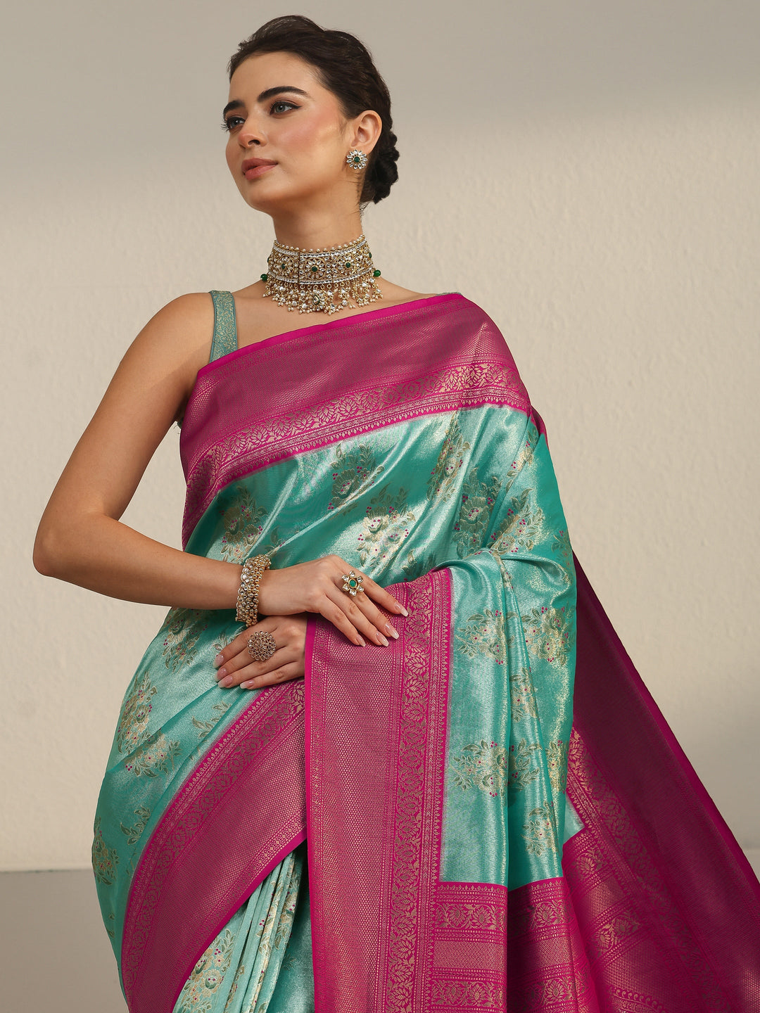  Libas Turquoise and Pink Floral Woven Design Silk Blend Saree 