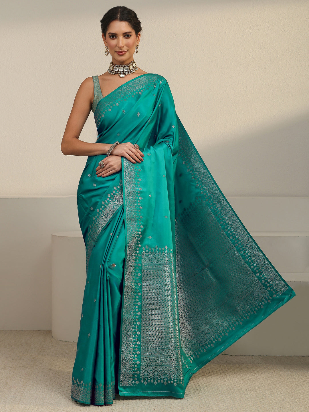  Libas Sea Green Embellished Woven Design Satin Saree 
