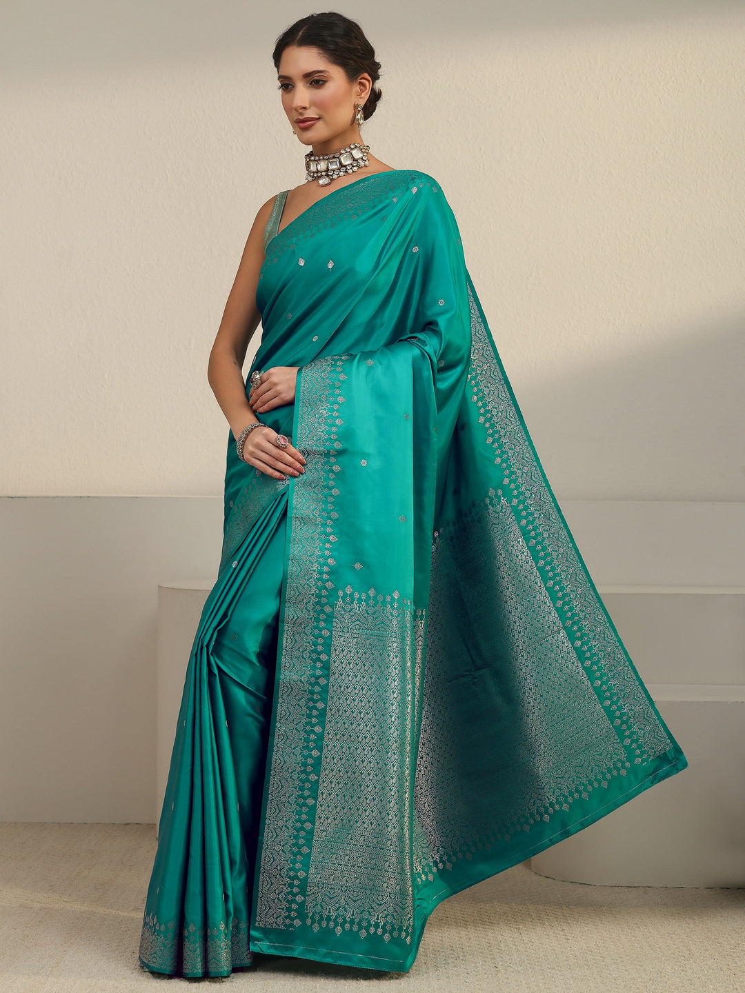  Libas Sea Green Embellished Woven Design Satin Saree 