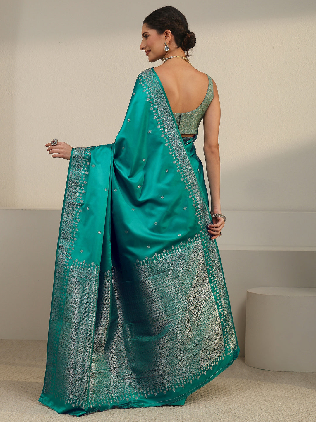  Libas Sea Green Embellished Woven Design Satin Saree 