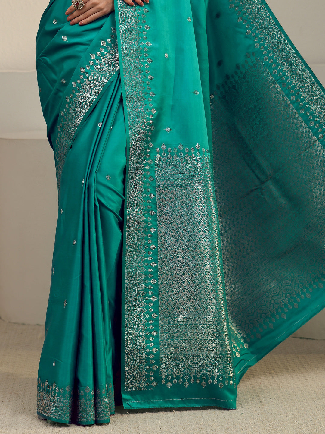  Libas Sea Green Embellished Woven Design Satin Saree 