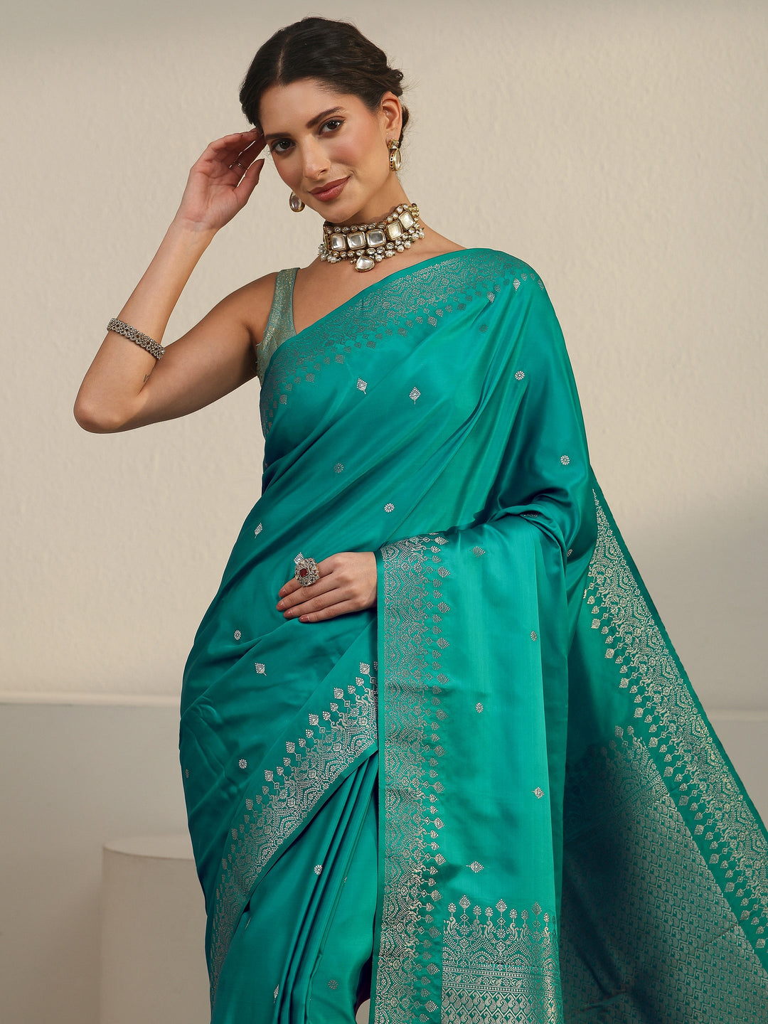  Libas Sea Green Embellished Woven Design Satin Saree 