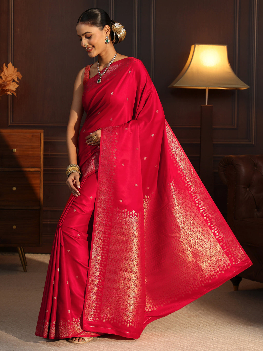  Libas Vermilion Red Woven Design Satin Saree 