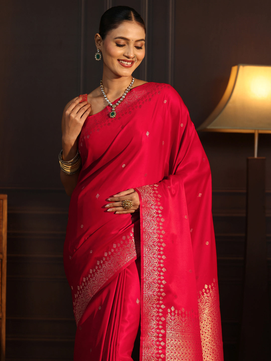 Libas Vermilion Red Woven Design Satin Saree 