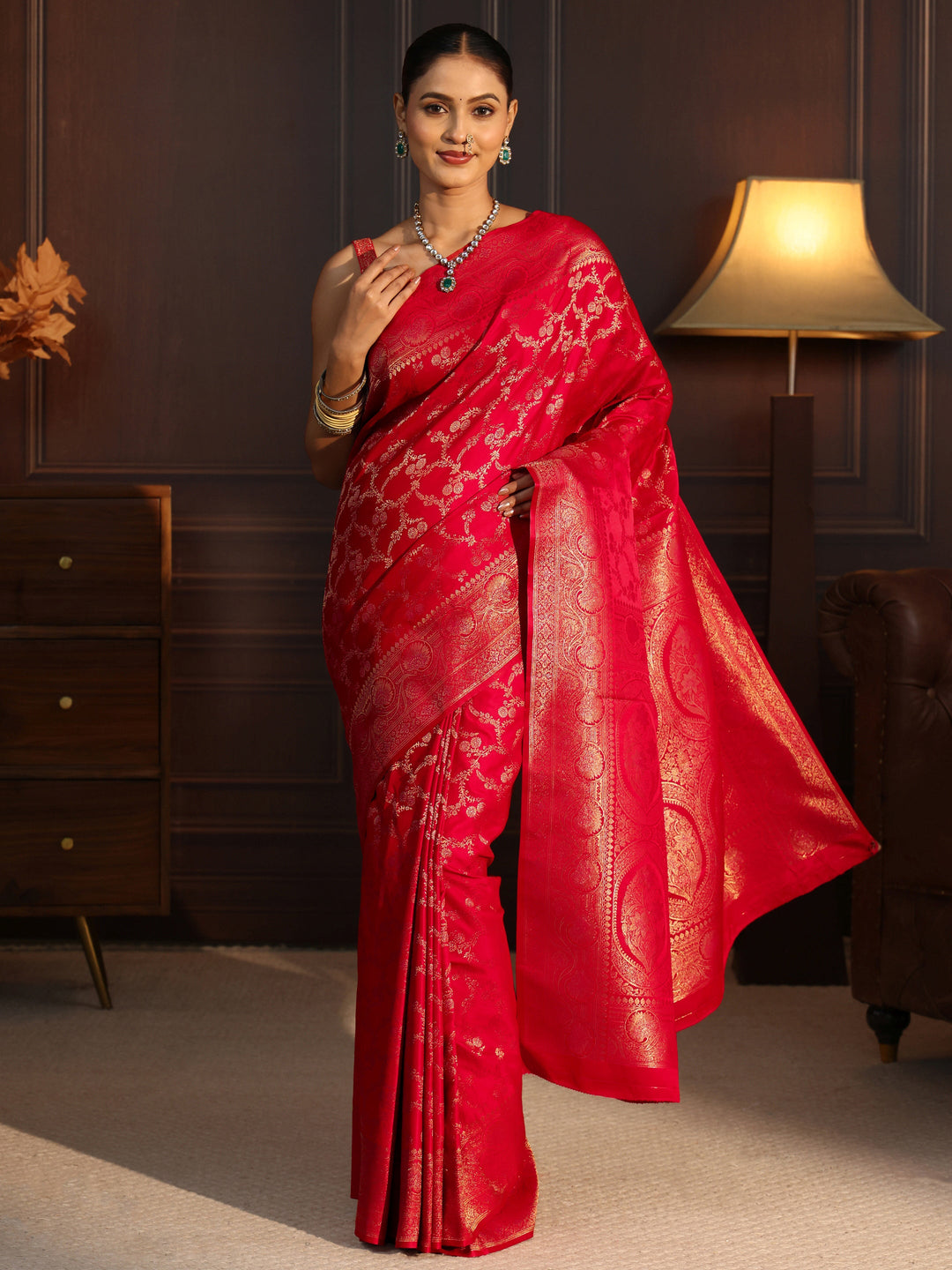  Libas Vermilion Red Floral Woven Design Brocade Saree 