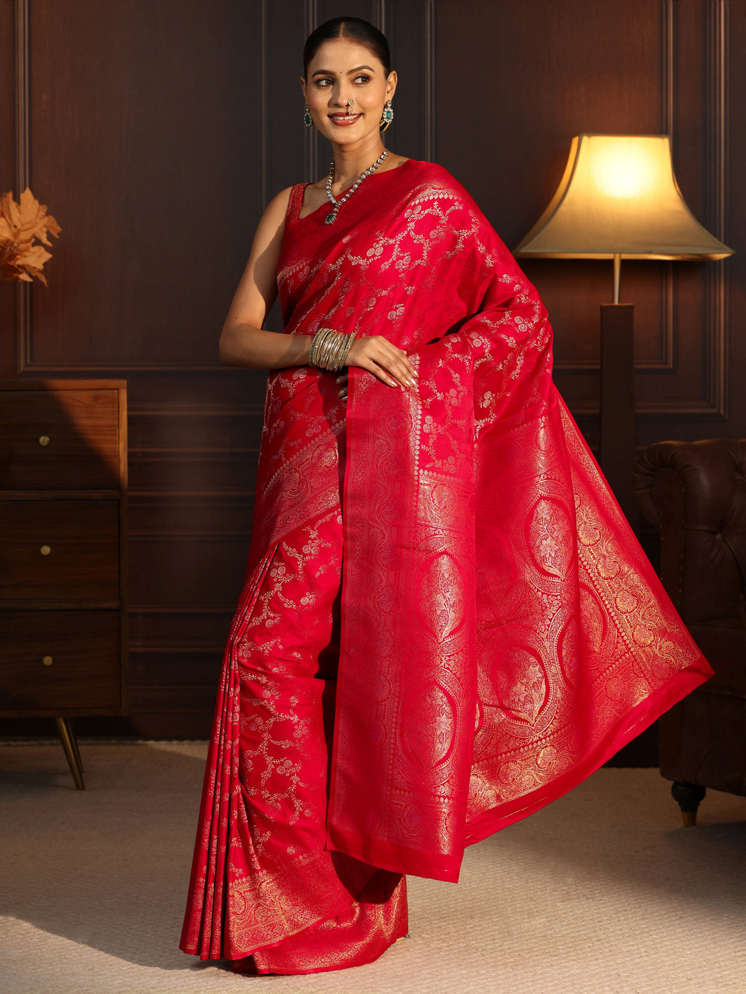 Libas Vermilion Red Floral Woven Design Brocade Saree 