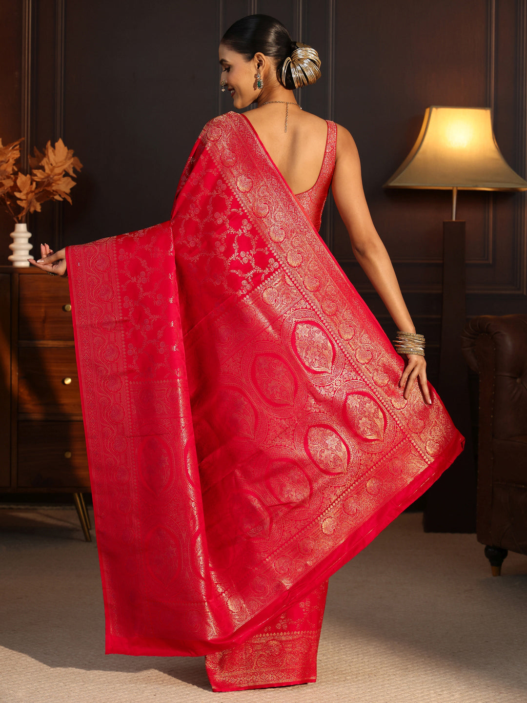  Libas Vermilion Red Floral Woven Design Brocade Saree 