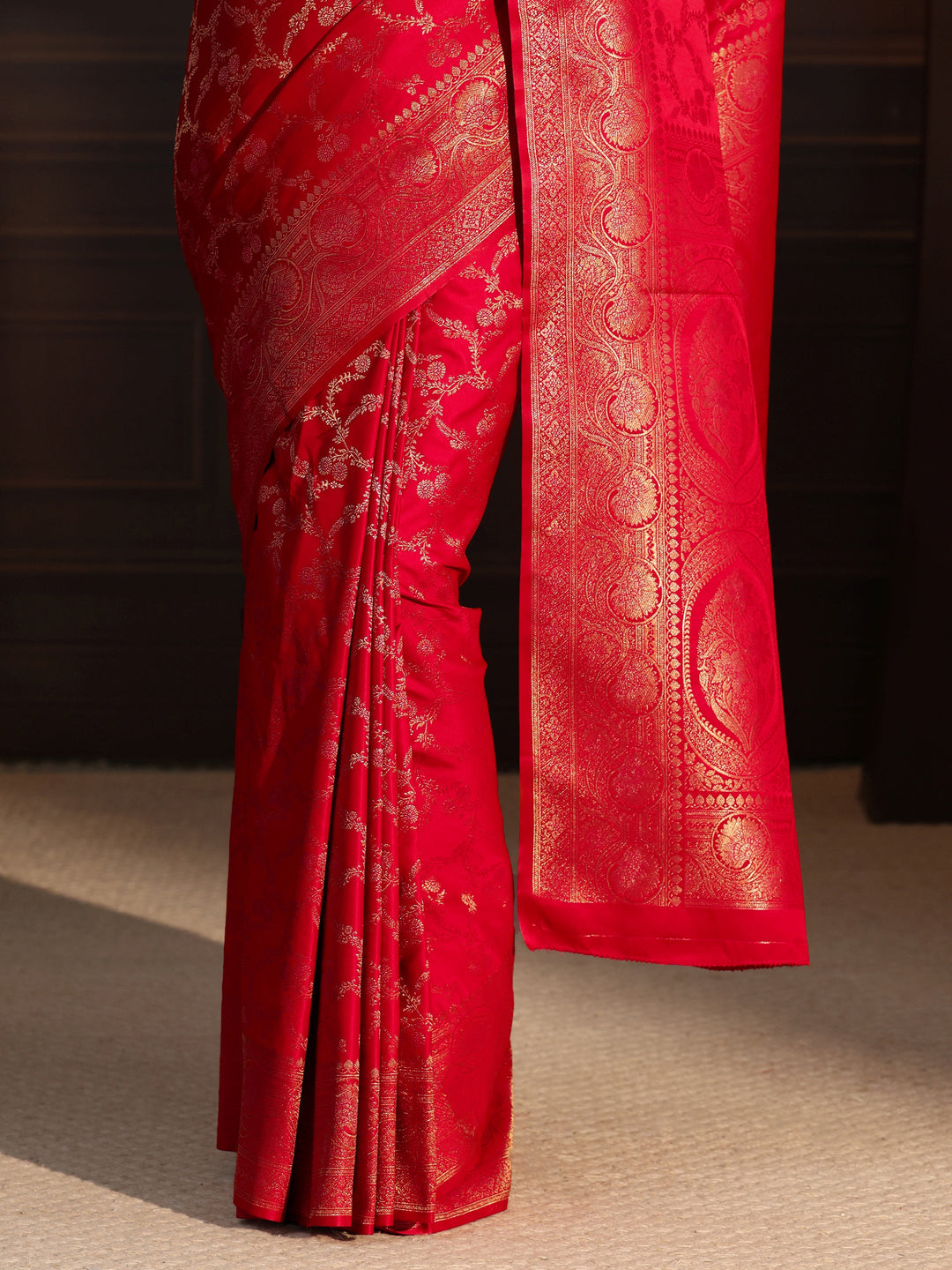  Libas Vermilion Red Floral Woven Design Brocade Saree 