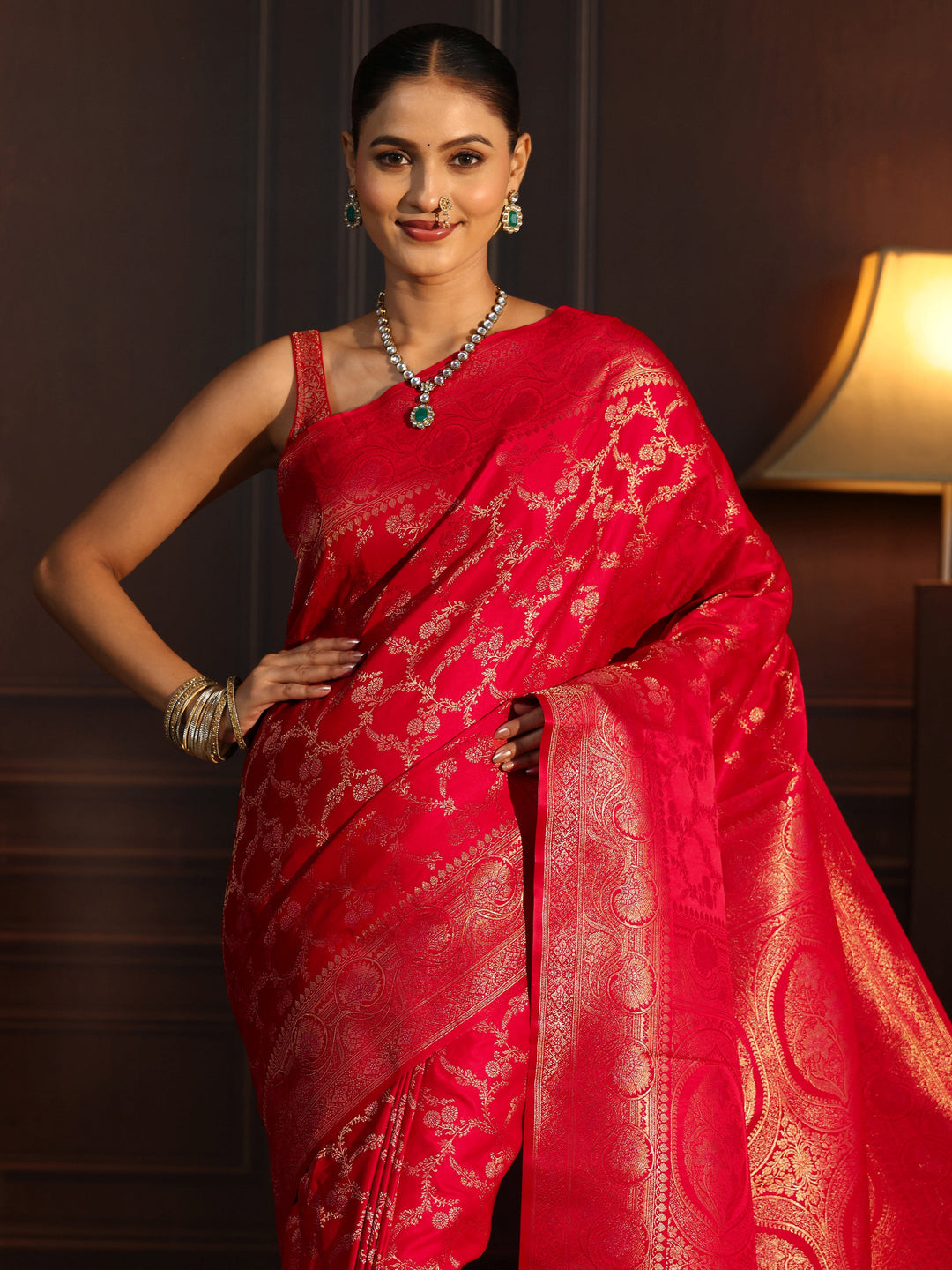  Libas Vermilion Red Floral Woven Design Brocade Saree 