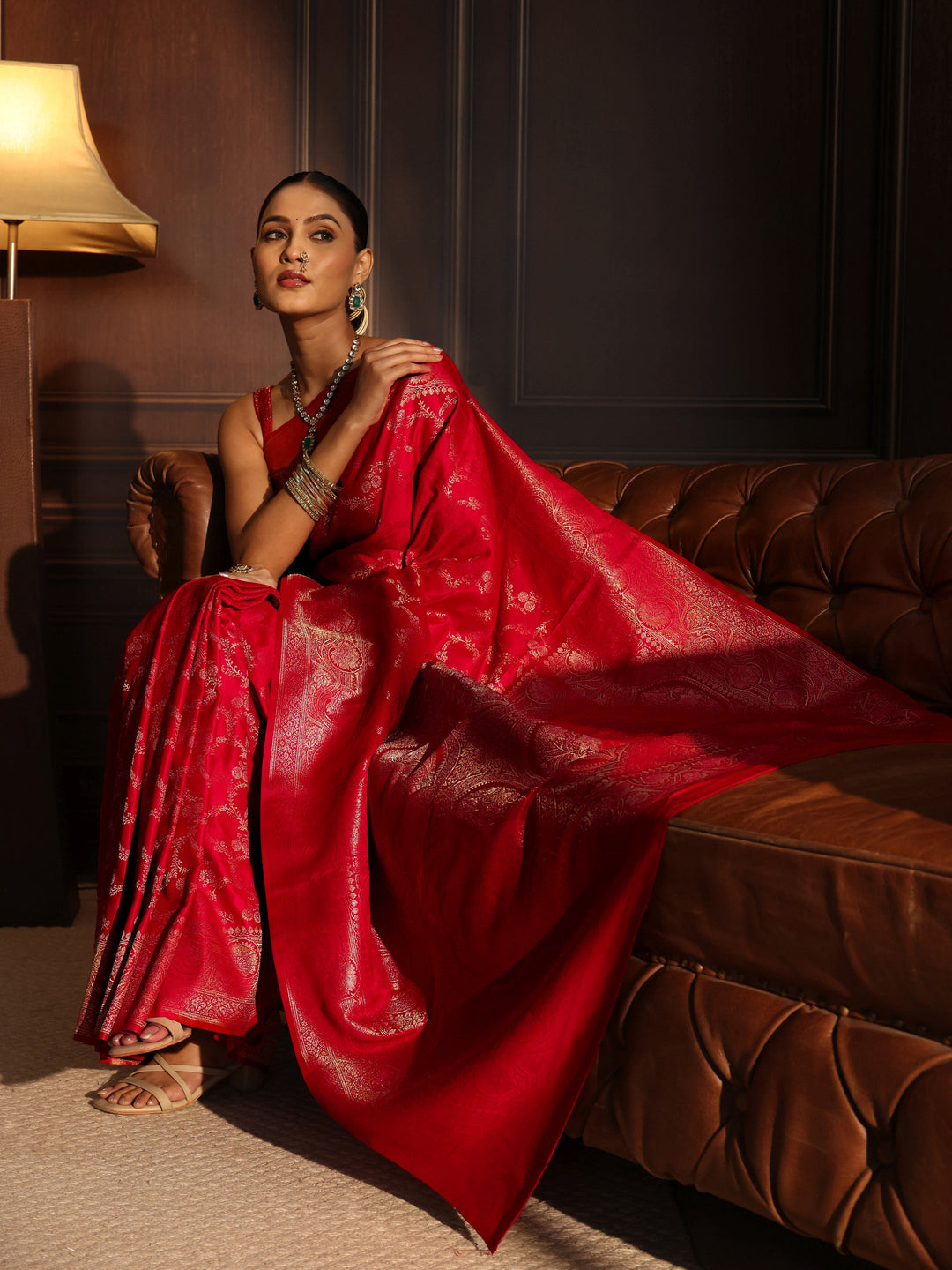  Libas Vermilion Red Floral Woven Design Brocade Saree 