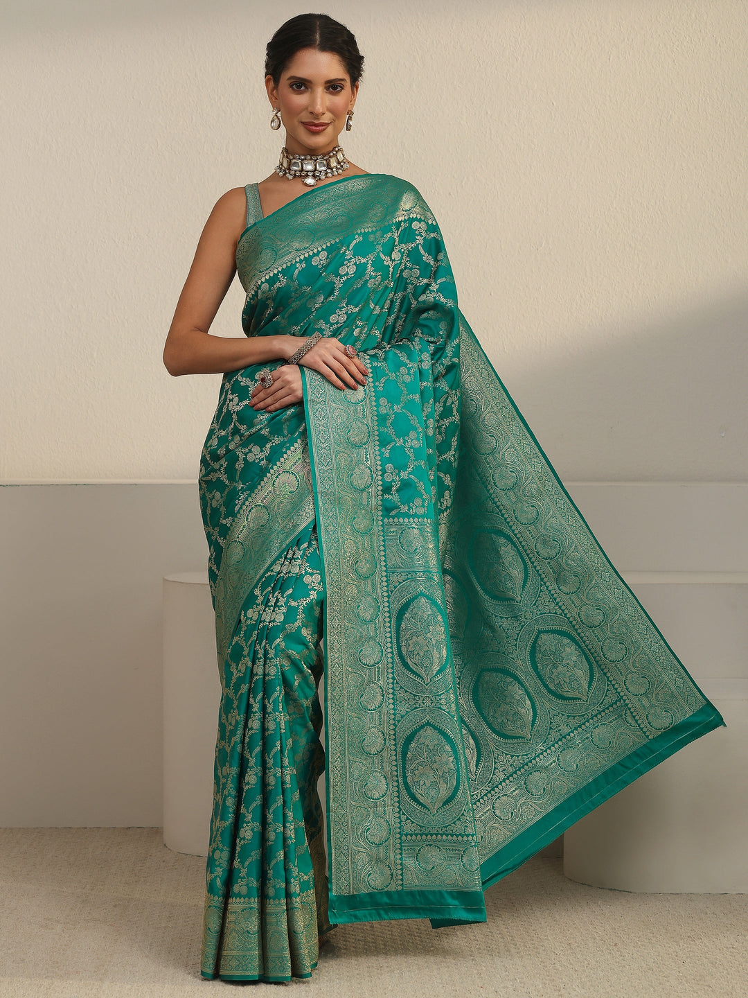  Libas Sea Green Floral Woven Design Brocade Saree 