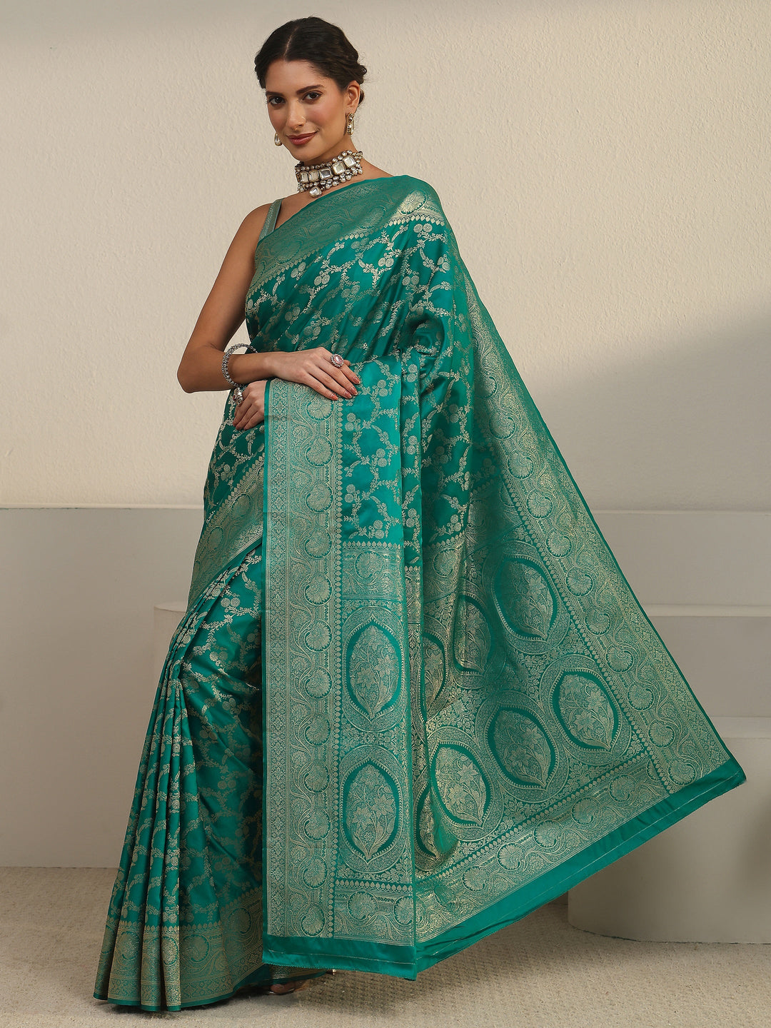  Libas Sea Green Floral Woven Design Brocade Saree 