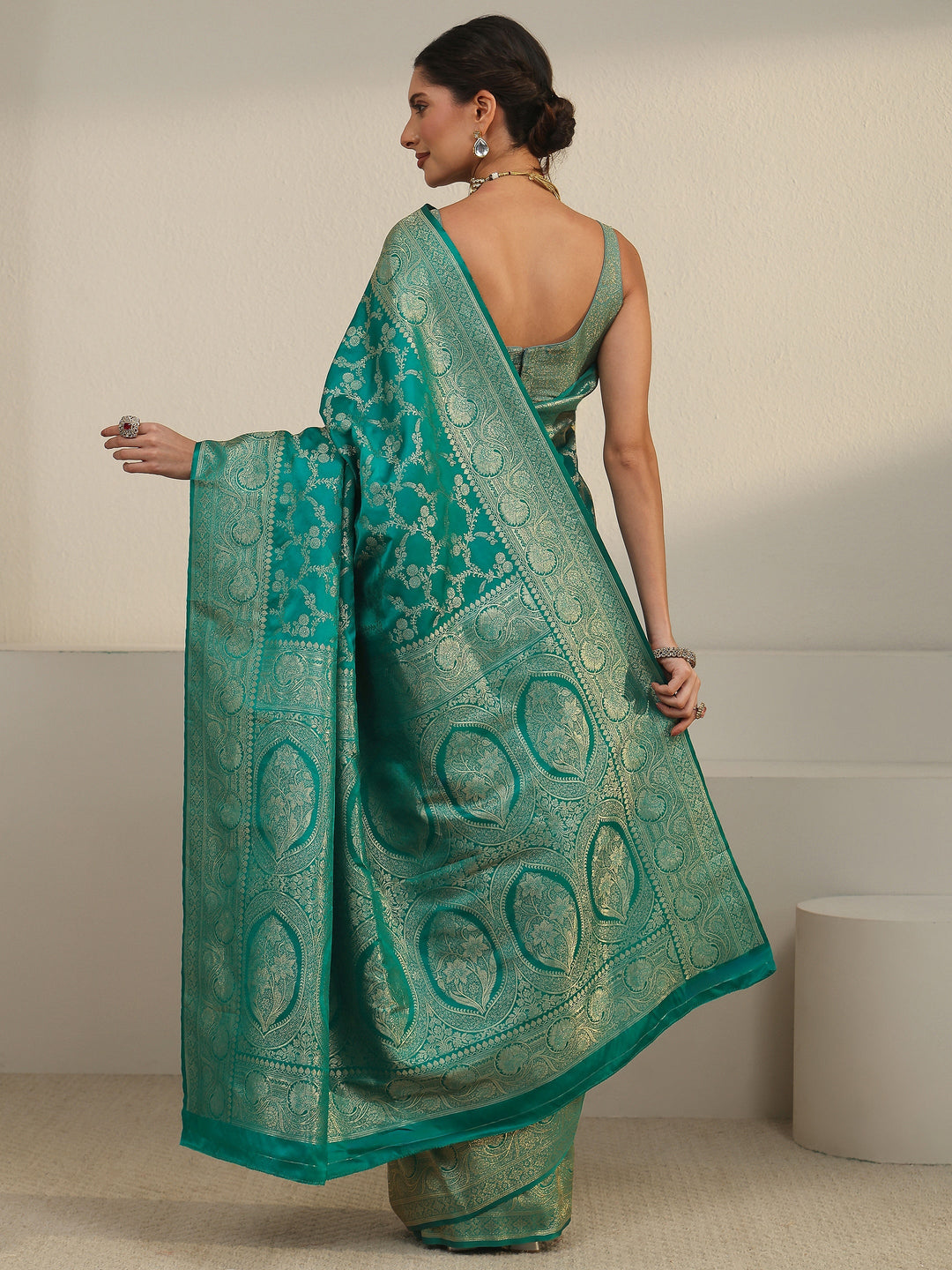  Libas Sea Green Floral Woven Design Brocade Saree 