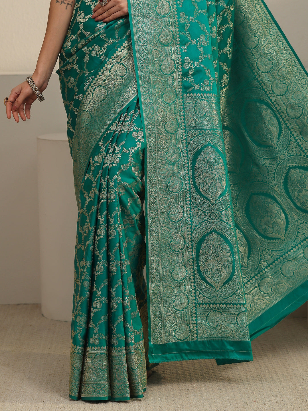  Libas Sea Green Floral Woven Design Brocade Saree 