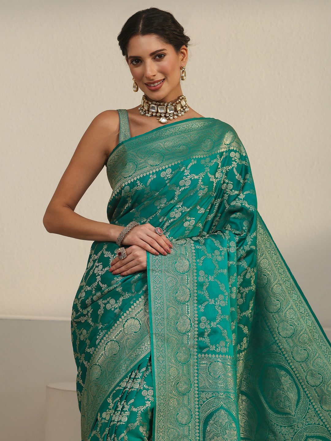  Libas Sea Green Floral Woven Design Brocade Saree 