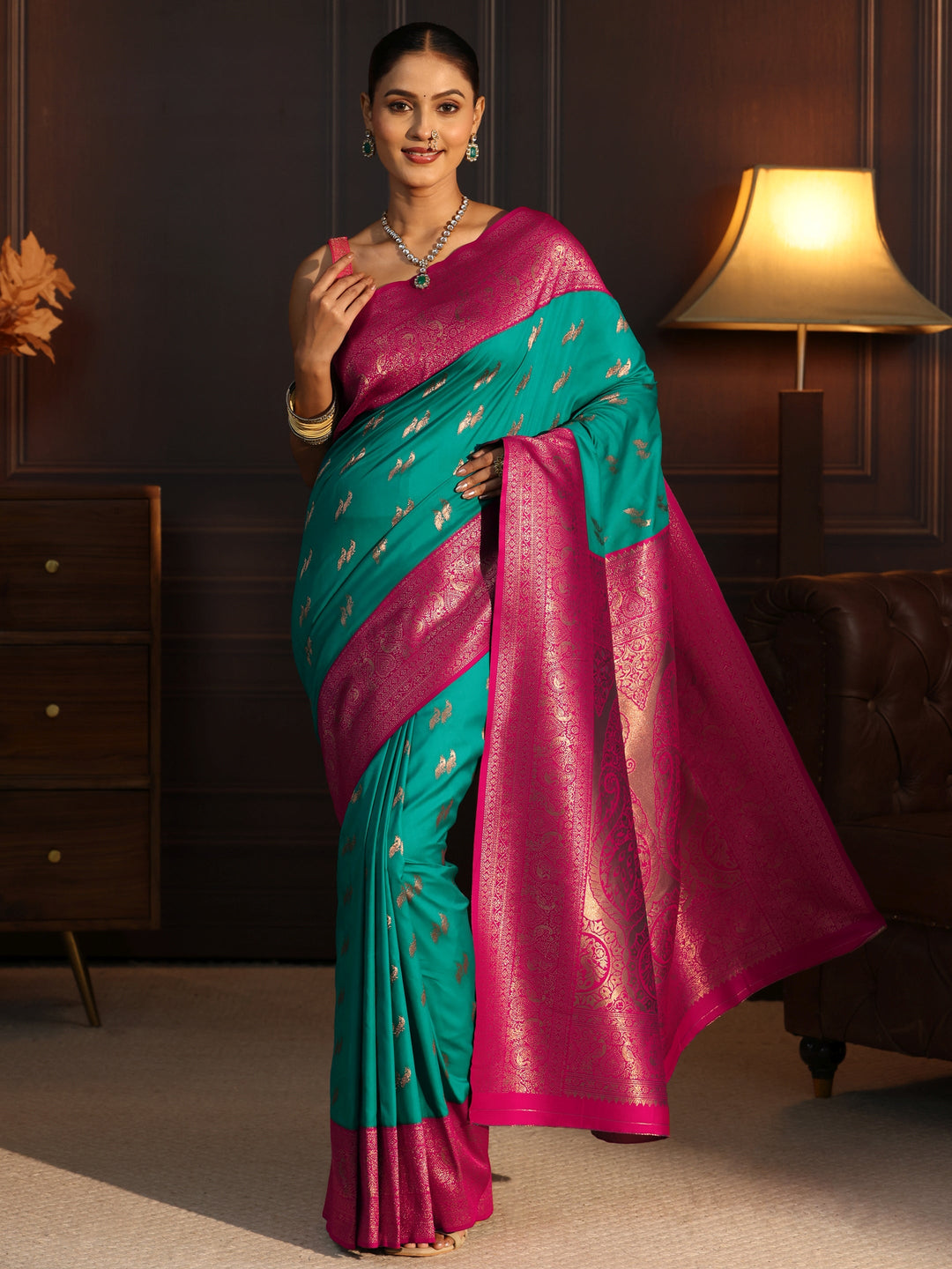  Libas Teal Green and Pink Peacock Woven Design Silk Blend Saree 