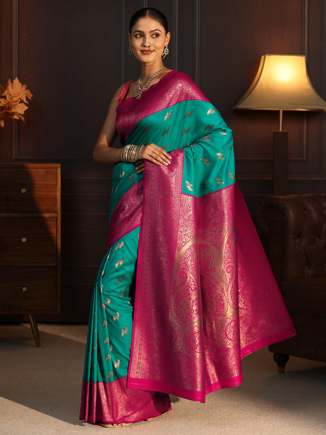 Libas Teal Green and Pink Peacock Woven Design Silk Blend Saree 