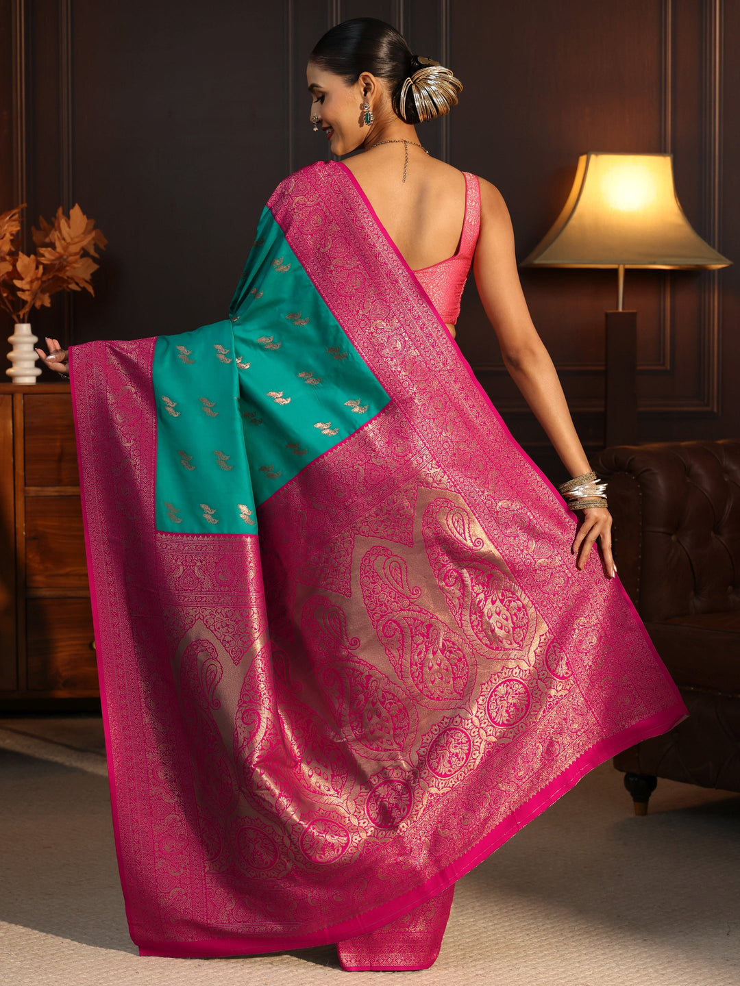  Libas Teal Green and Pink Peacock Woven Design Silk Blend Saree 