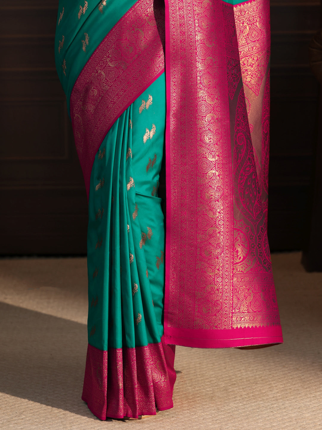  Libas Teal Green and Pink Peacock Woven Design Silk Blend Saree 