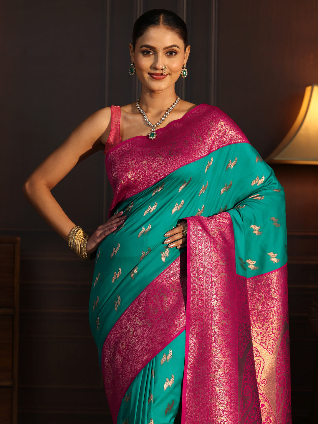  Libas Teal Green and Pink Peacock Woven Design Silk Blend Saree 