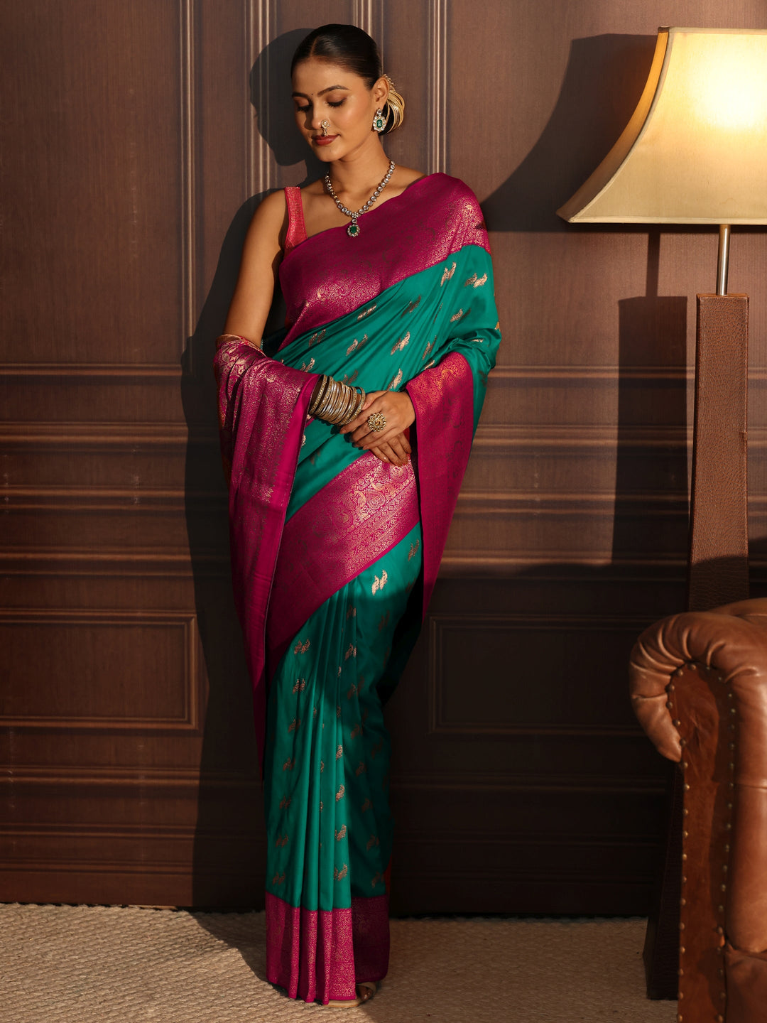  Libas Teal Green and Pink Peacock Woven Design Silk Blend Saree 
