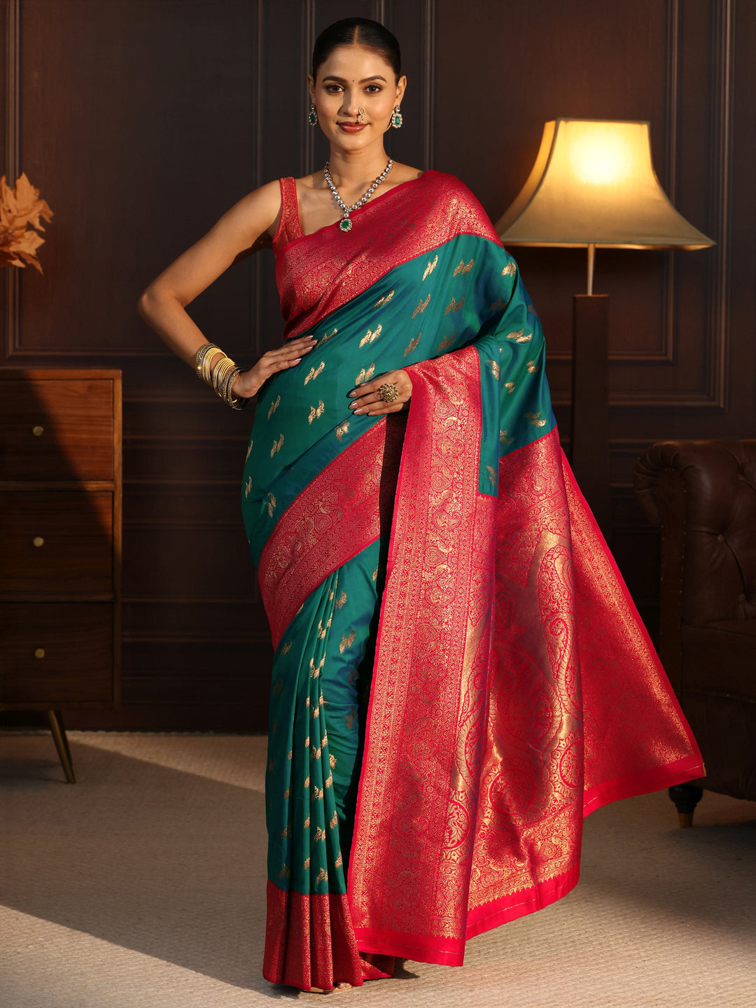  Libas Turquoise Blue and Red Peacock Woven Design Silk Blend Saree 