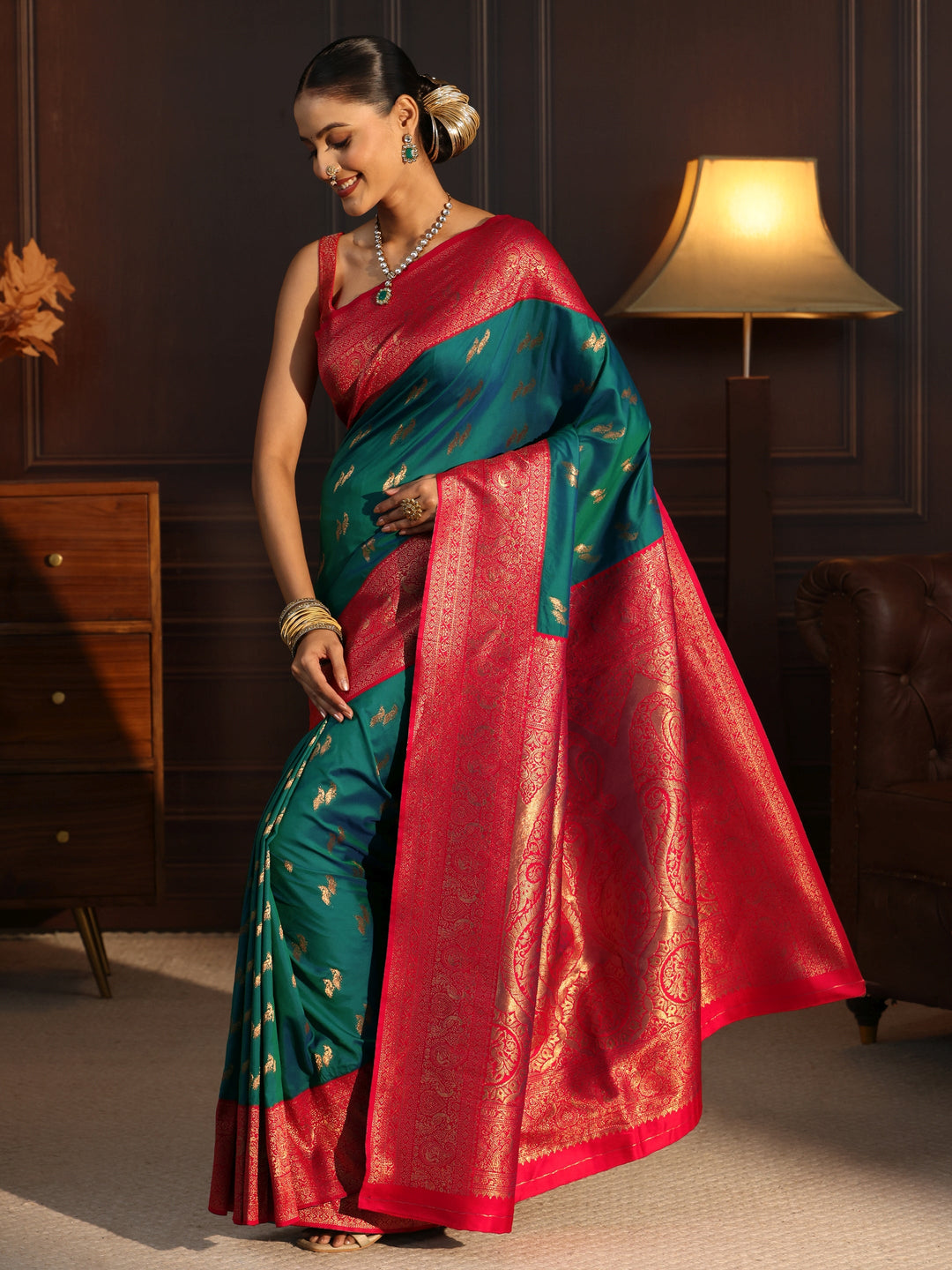  Libas Turquoise Blue and Red Peacock Woven Design Silk Blend Saree 