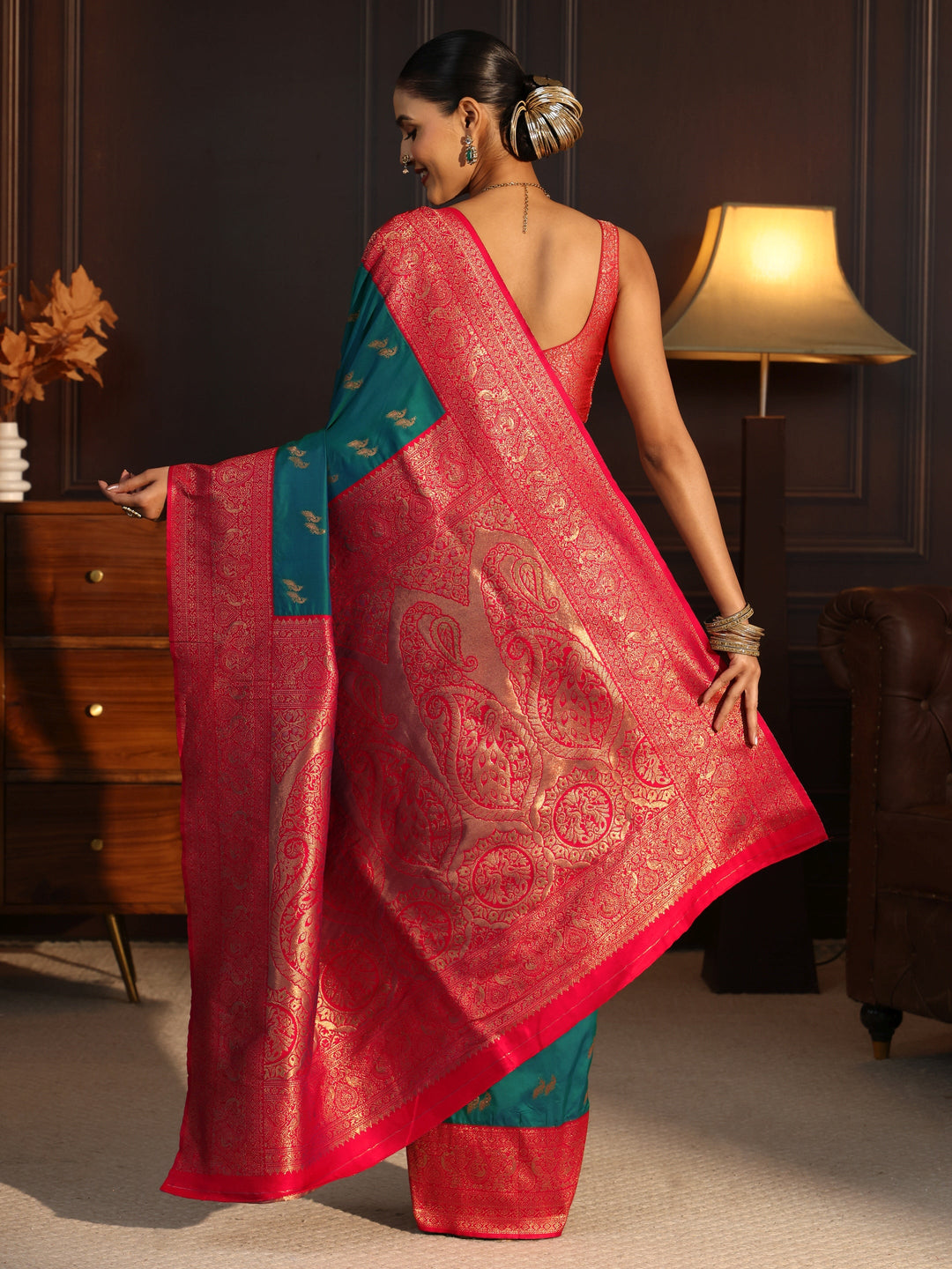  Libas Turquoise Blue and Red Peacock Woven Design Silk Blend Saree 