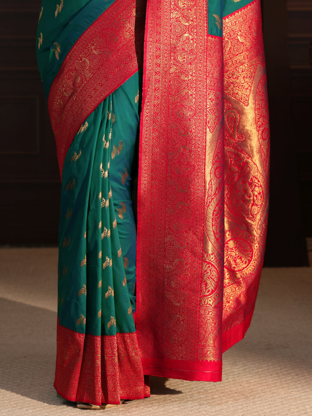  Libas Turquoise Blue and Red Peacock Woven Design Silk Blend Saree 