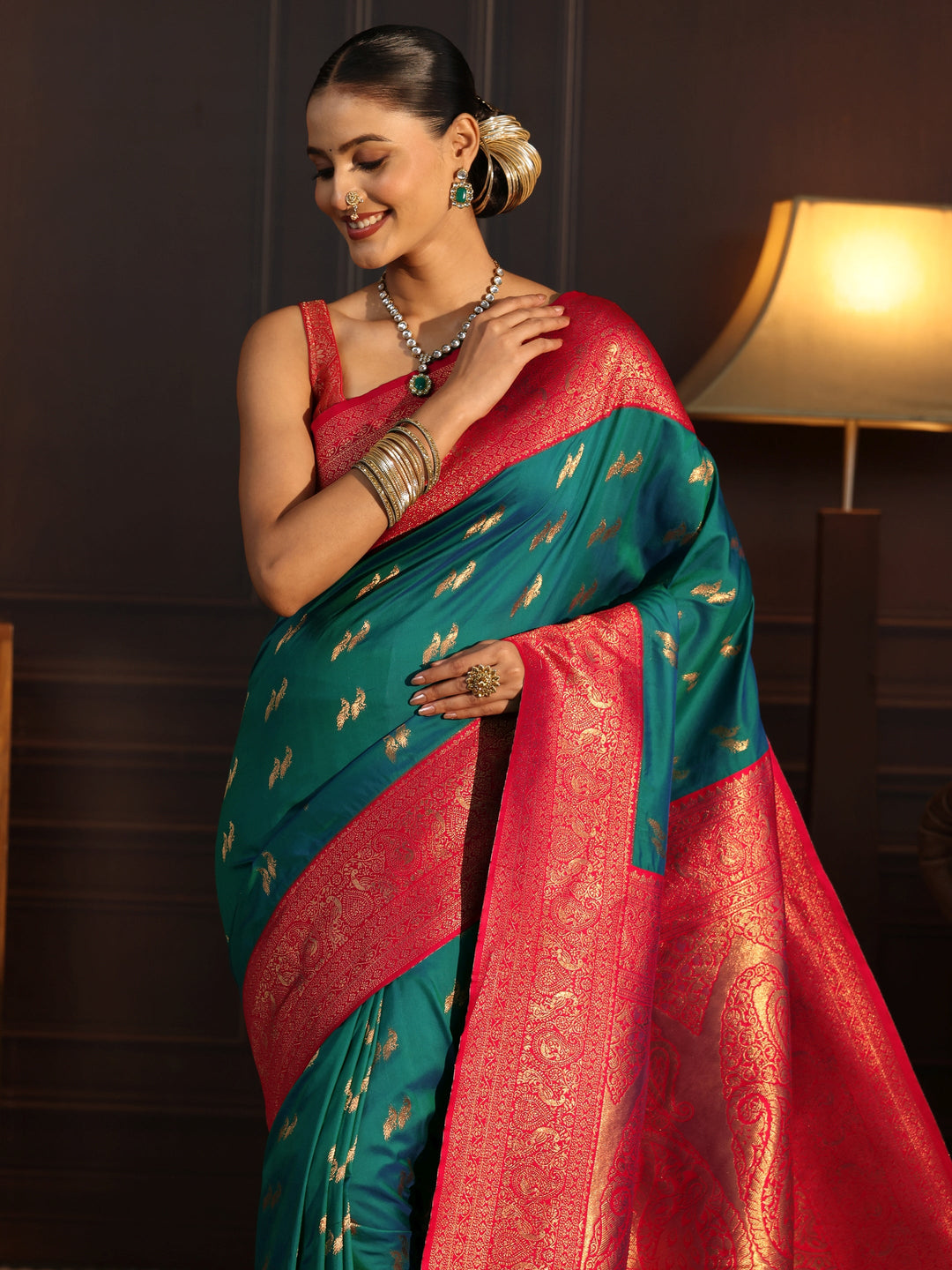  Libas Turquoise Blue and Red Peacock Woven Design Silk Blend Saree 