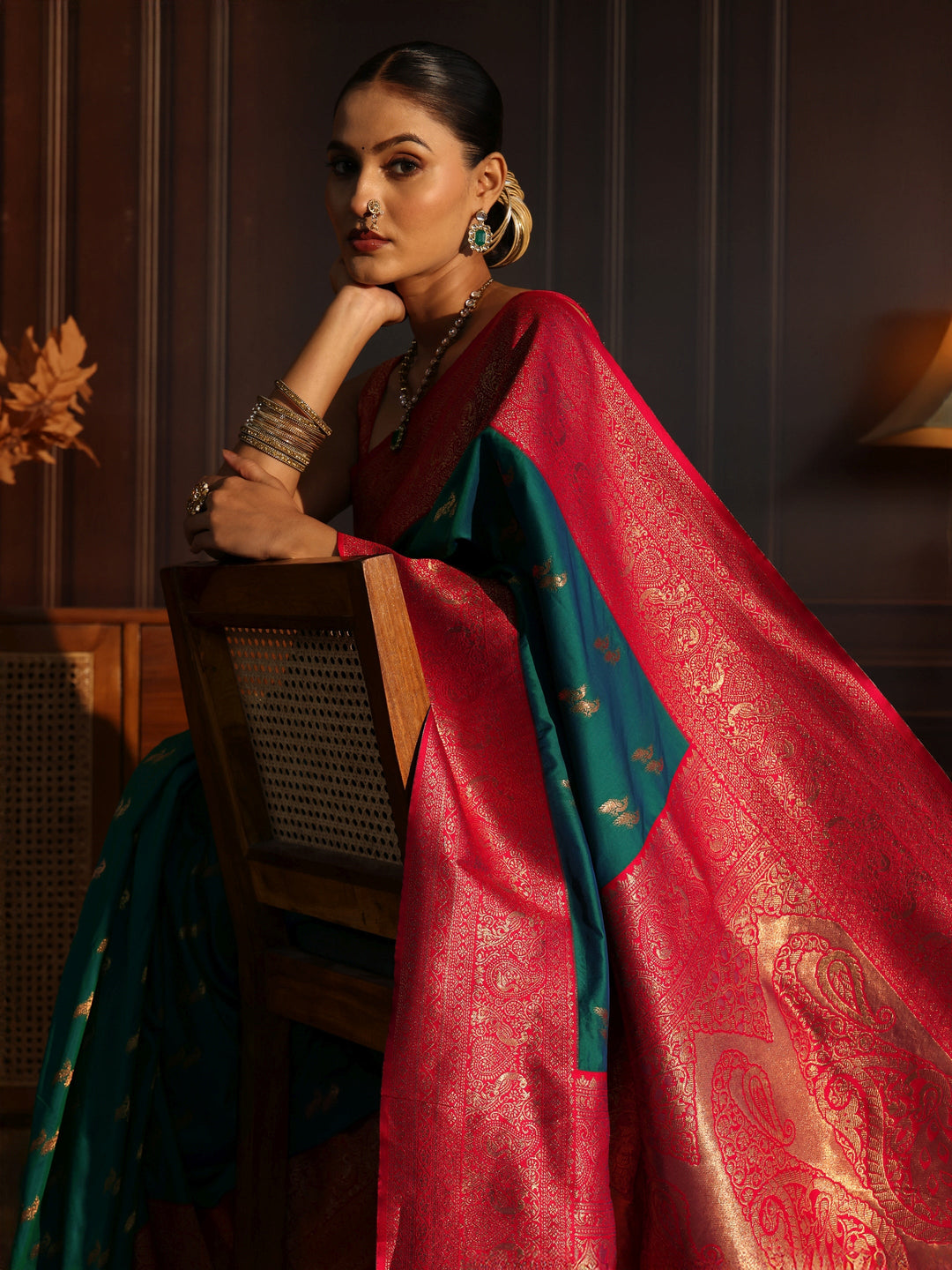  Libas Turquoise Blue and Red Peacock Woven Design Silk Blend Saree 