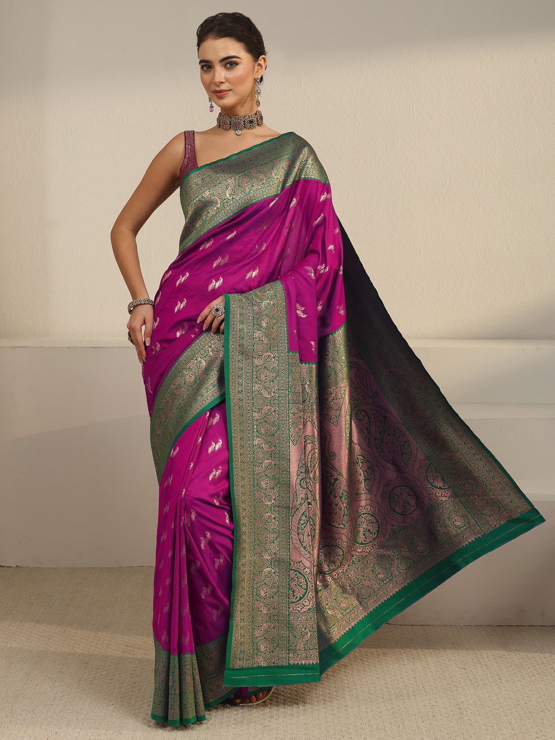 Libas Purple and Teal Green Peacock Woven Design Silk Blend Saree 