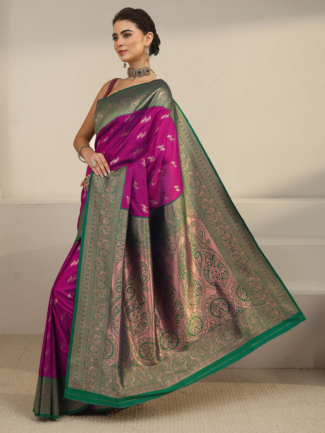  Libas Purple and Teal Green Peacock Woven Design Silk Blend Saree 
