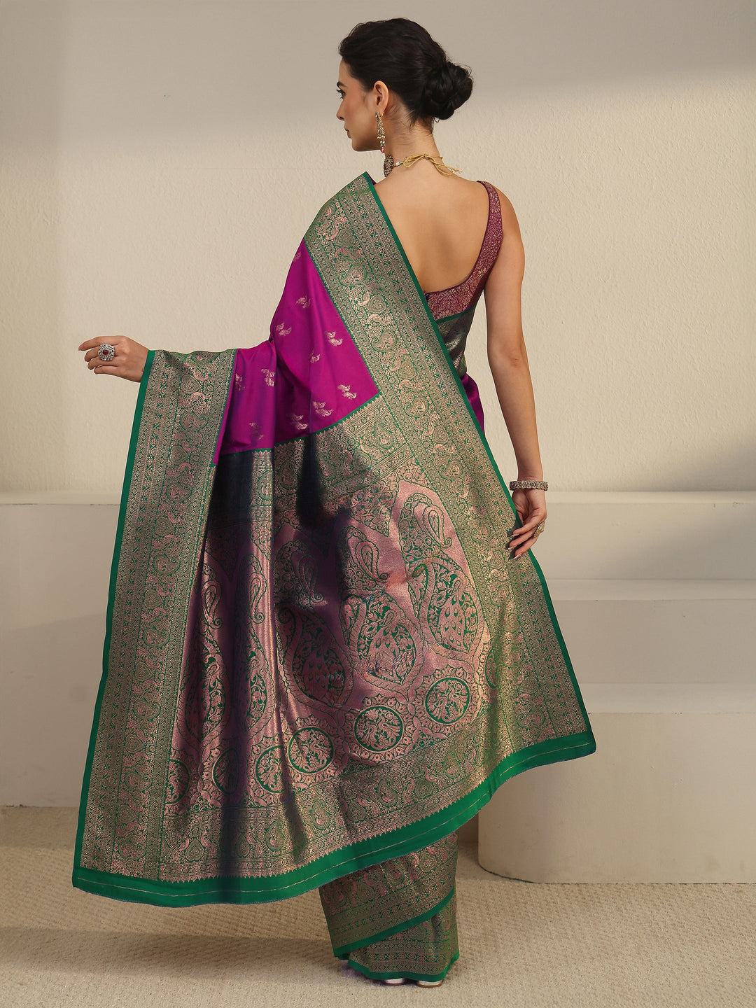  Libas Purple and Teal Green Peacock Woven Design Silk Blend Saree 