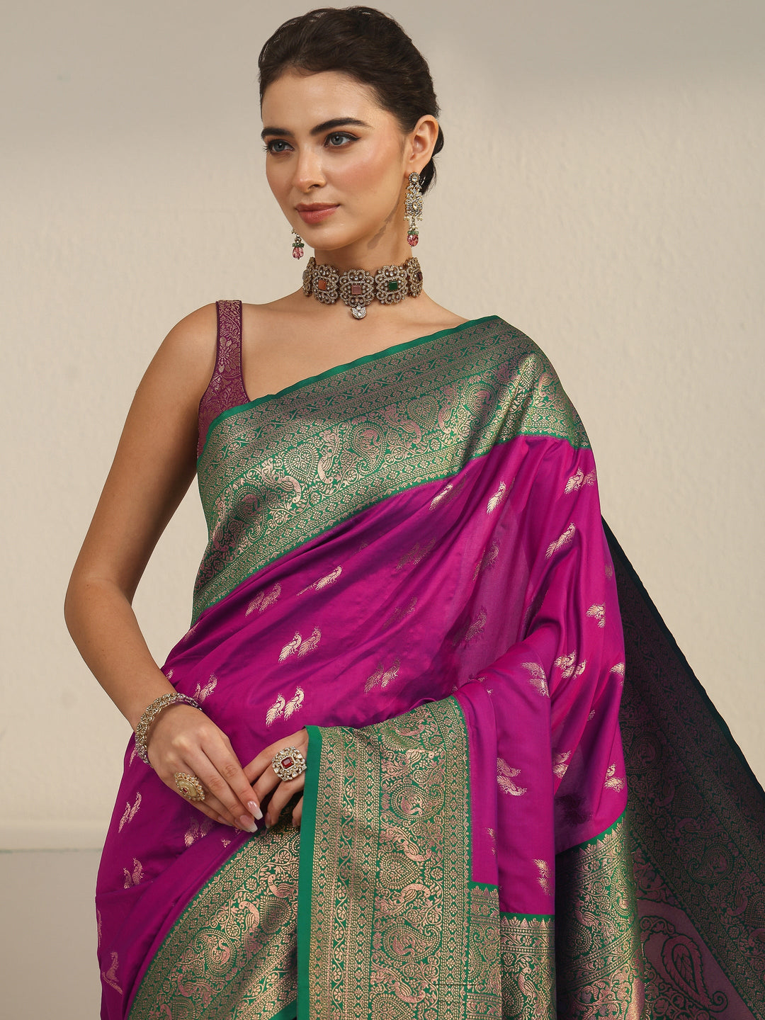  Libas Purple and Teal Green Peacock Woven Design Silk Blend Saree 