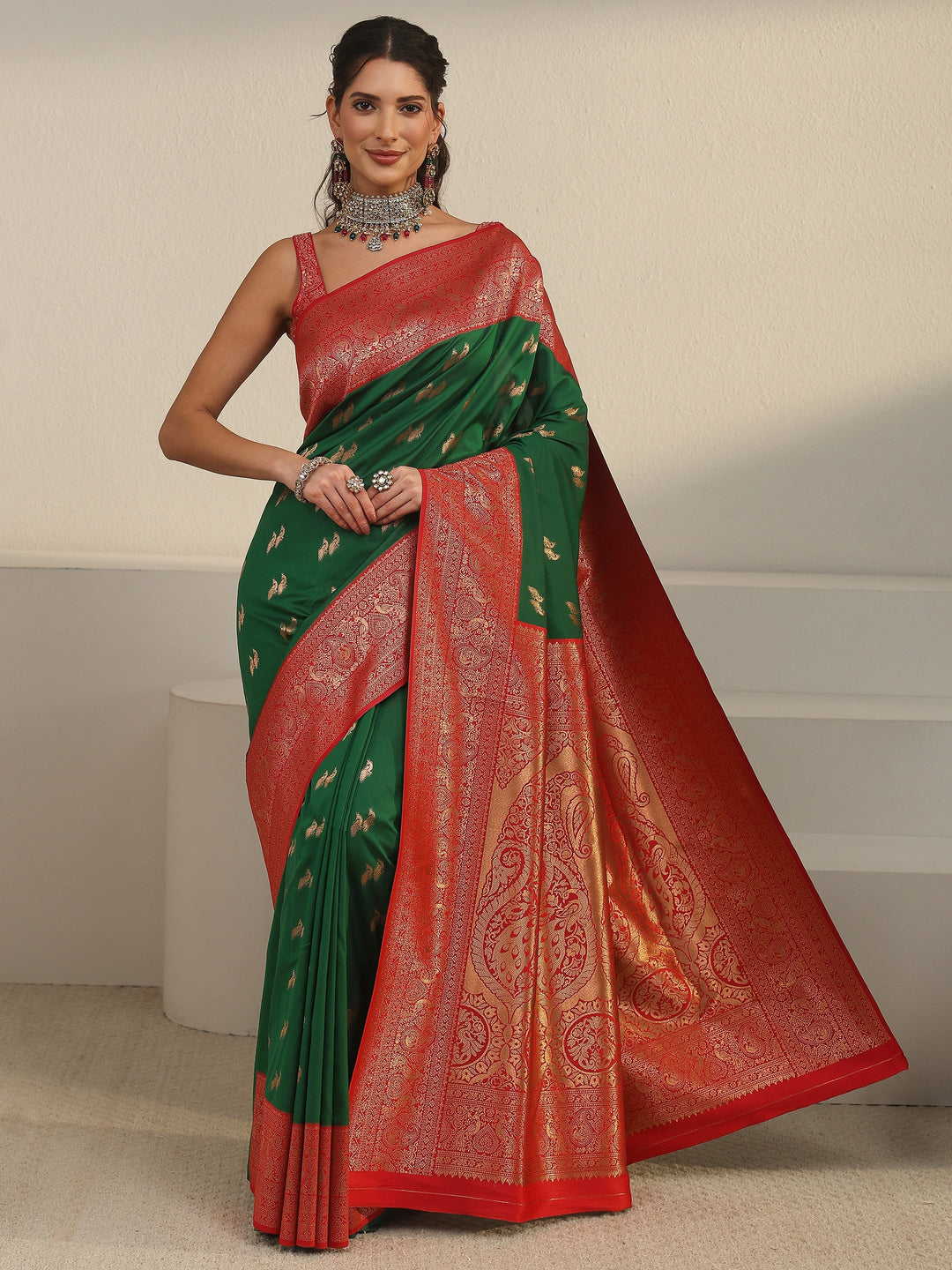  Libas Emerald Green and Red Peacock Woven Design Silk Blend Saree 