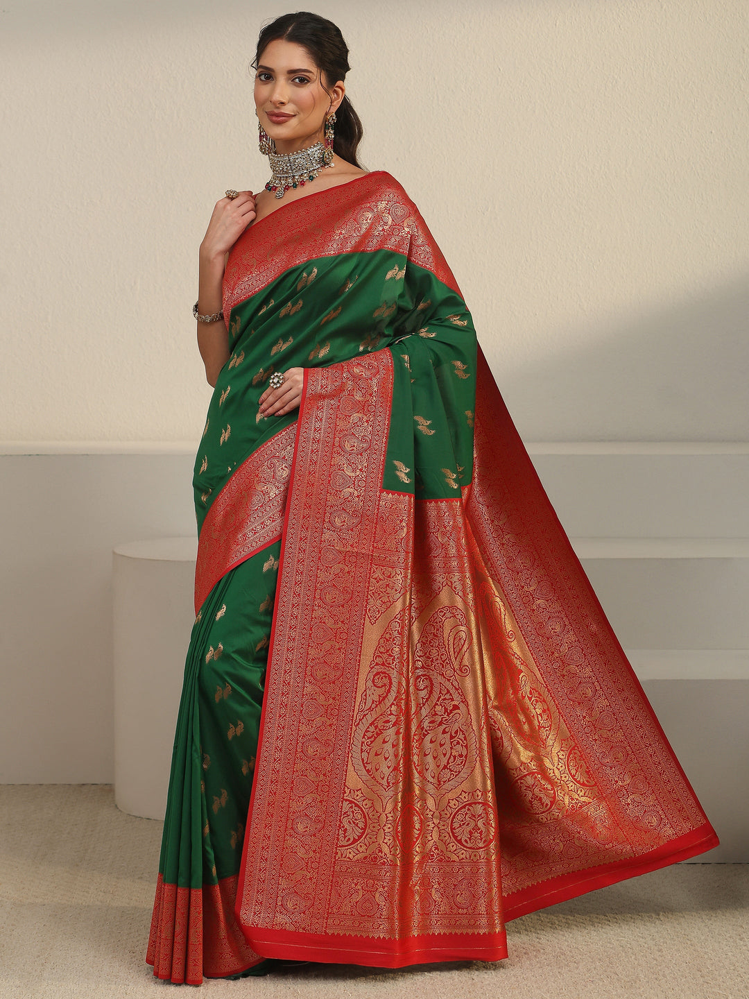  Libas Emerald Green and Red Peacock Woven Design Silk Blend Saree 
