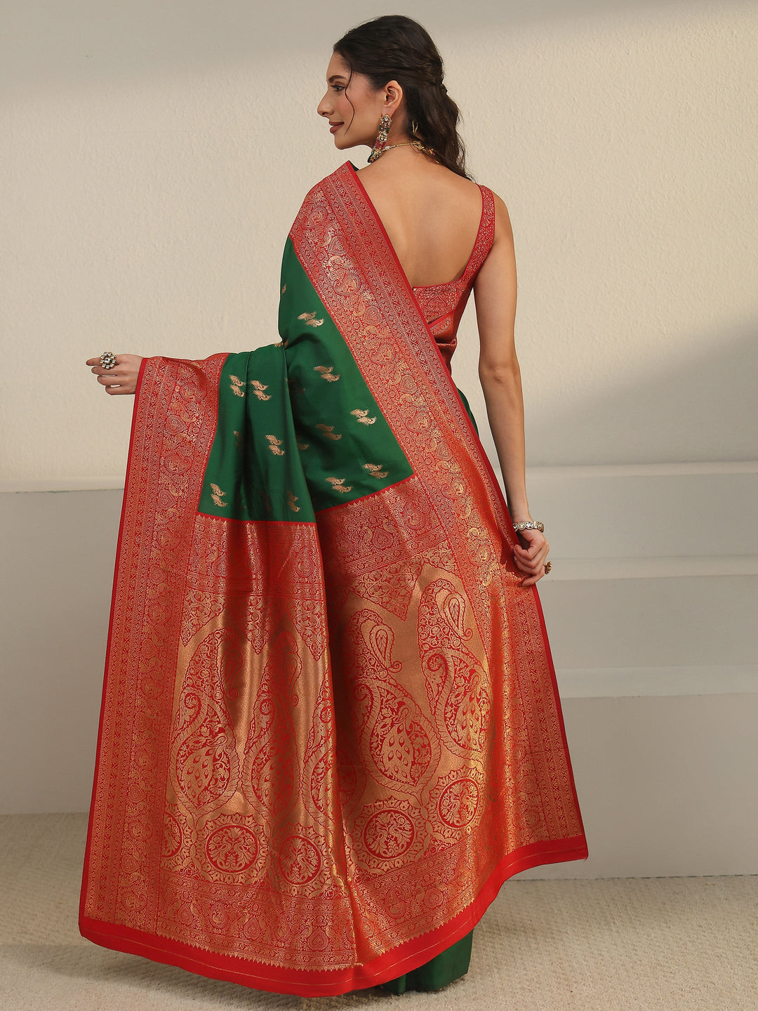  Libas Emerald Green and Red Peacock Woven Design Silk Blend Saree 