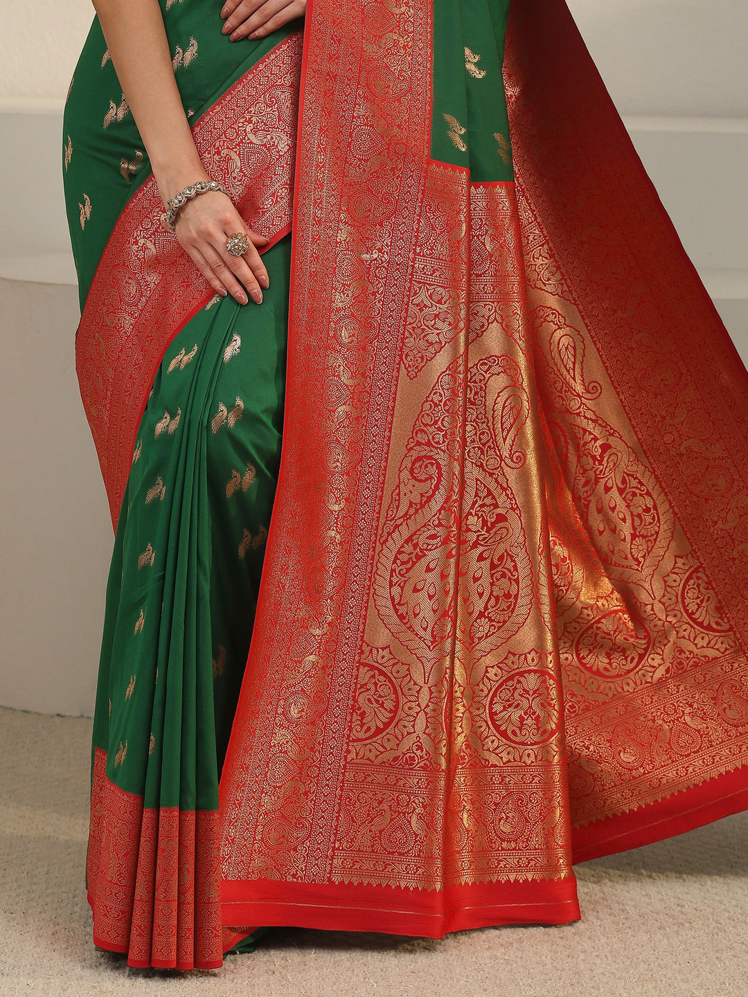  Libas Emerald Green and Red Peacock Woven Design Silk Blend Saree 