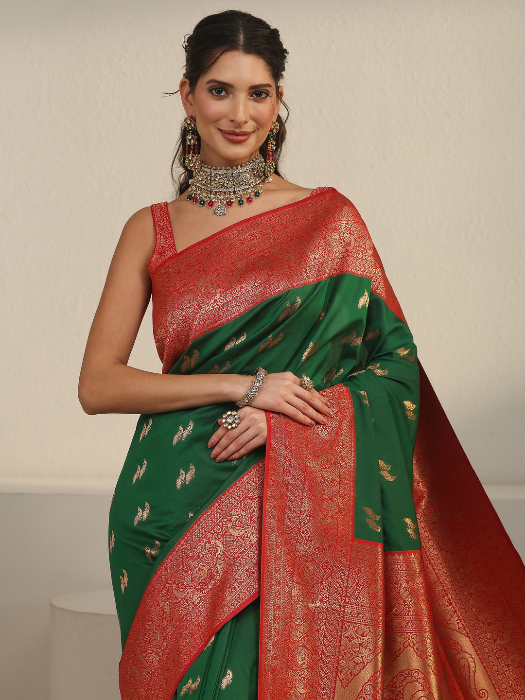  Libas Emerald Green and Red Peacock Woven Design Silk Blend Saree 