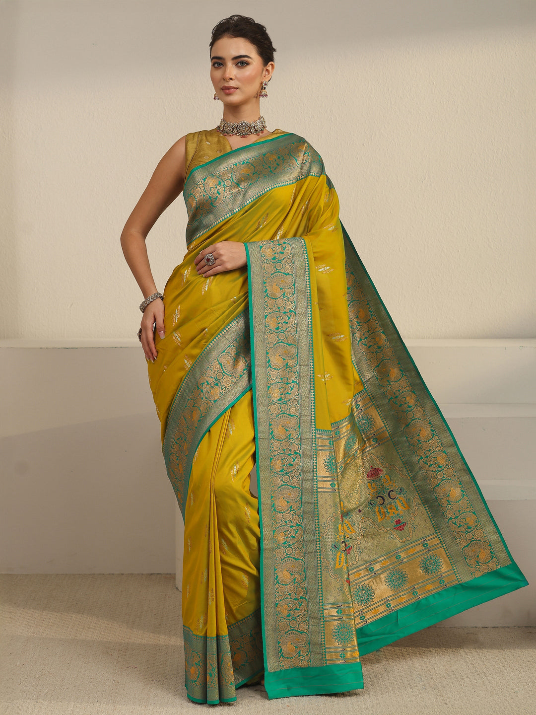  Libas Mustard and Green Silk Blend Paithani Saree 