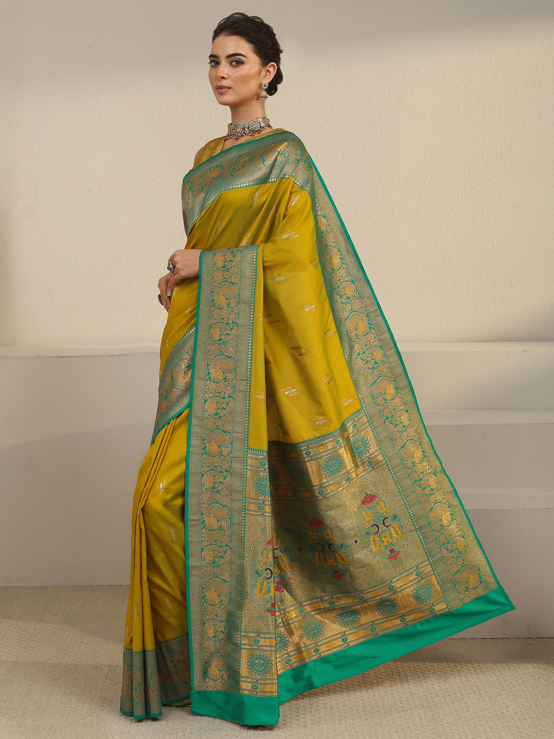  Libas Mustard and Green Silk Blend Paithani Saree 