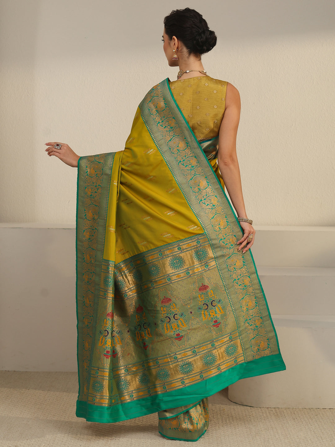  Libas Mustard and Green Silk Blend Paithani Saree 