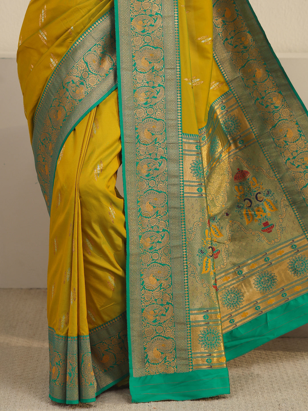  Libas Mustard and Green Silk Blend Paithani Saree 